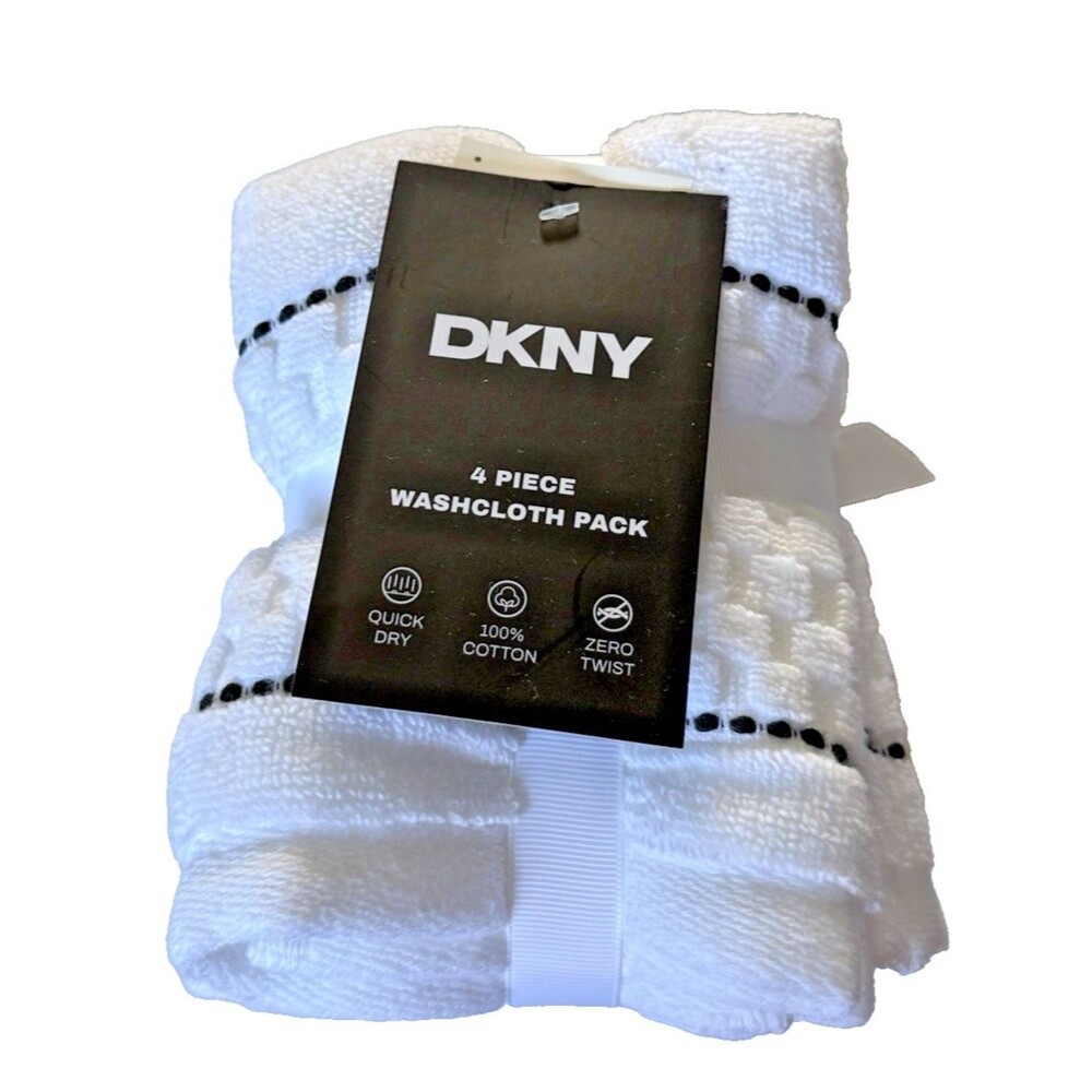 DKNY Facecloths Washcloths Set of 4 Textured White Squares Black Stripe Cotton